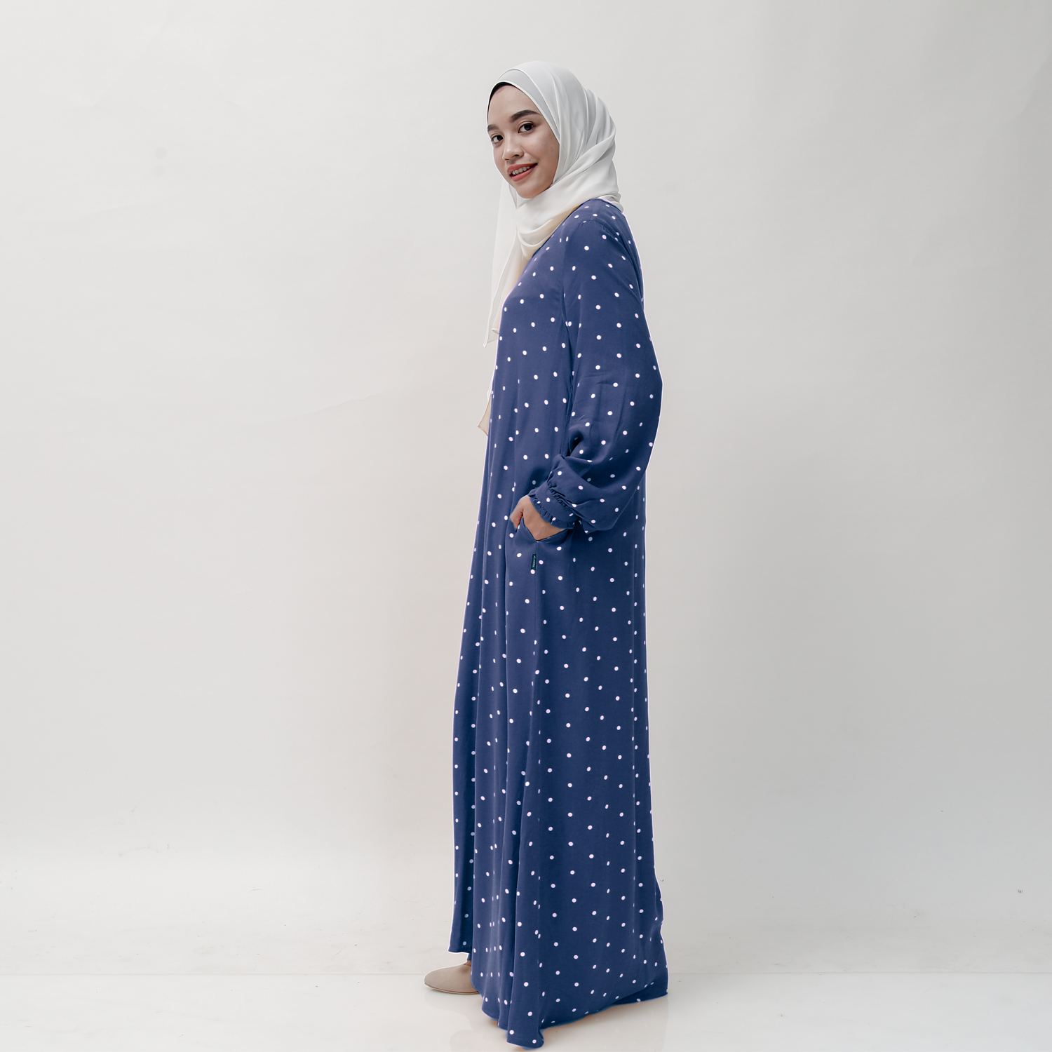 Gamis Manset Frills Rayon Dot - Biru Denim