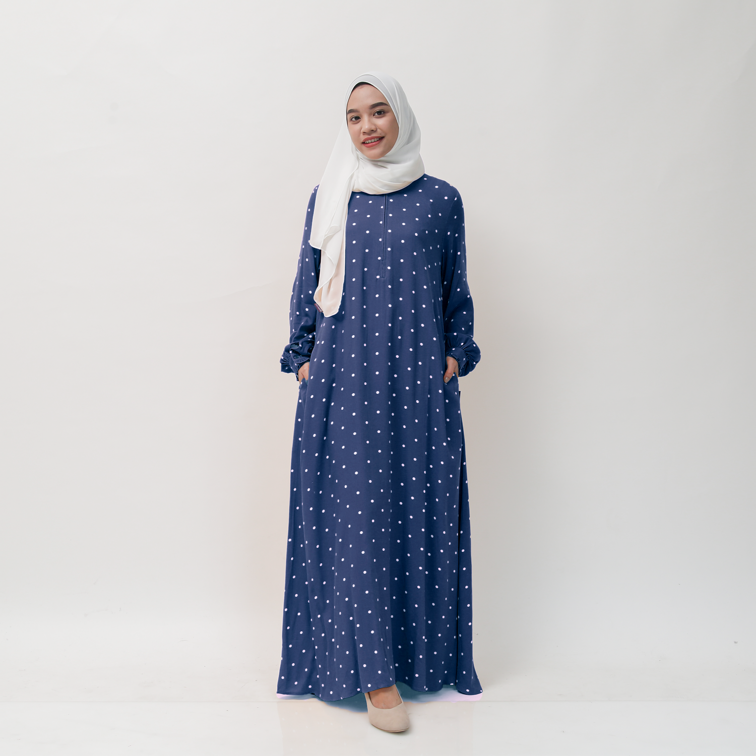 Gamis Manset Frills Rayon Dot - Biru Denim