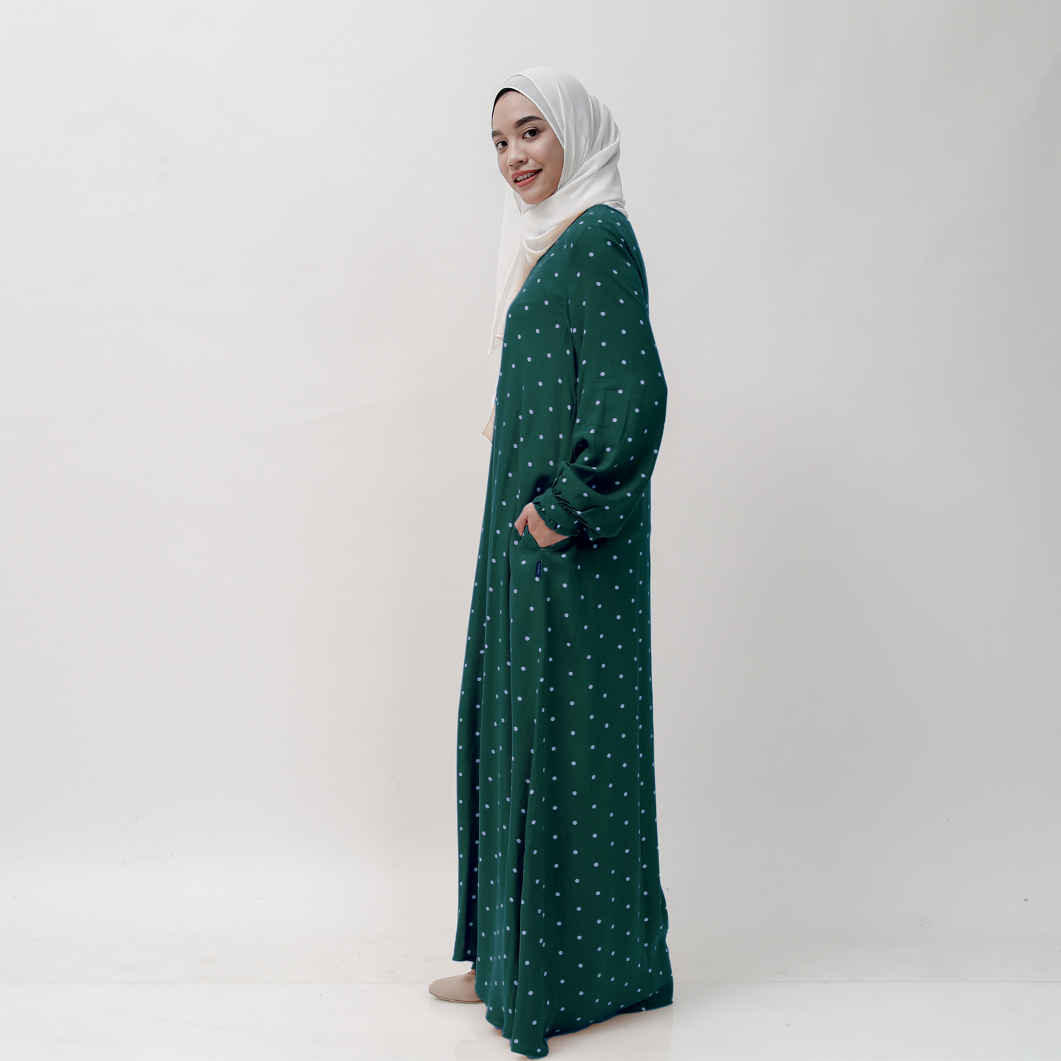 Gamis Manset Frills Rayon Dot - Hijau