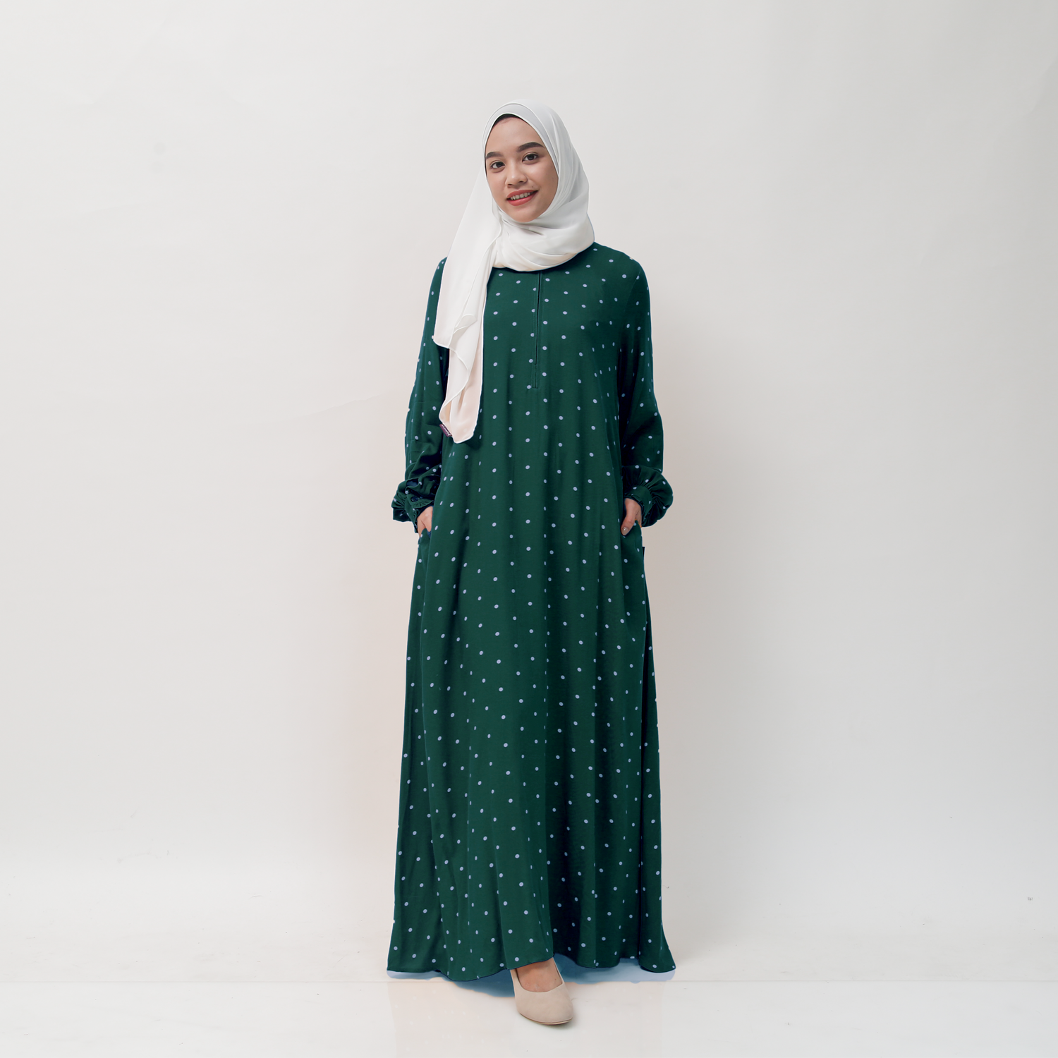 Gamis Manset Frills Rayon Dot - Hijau