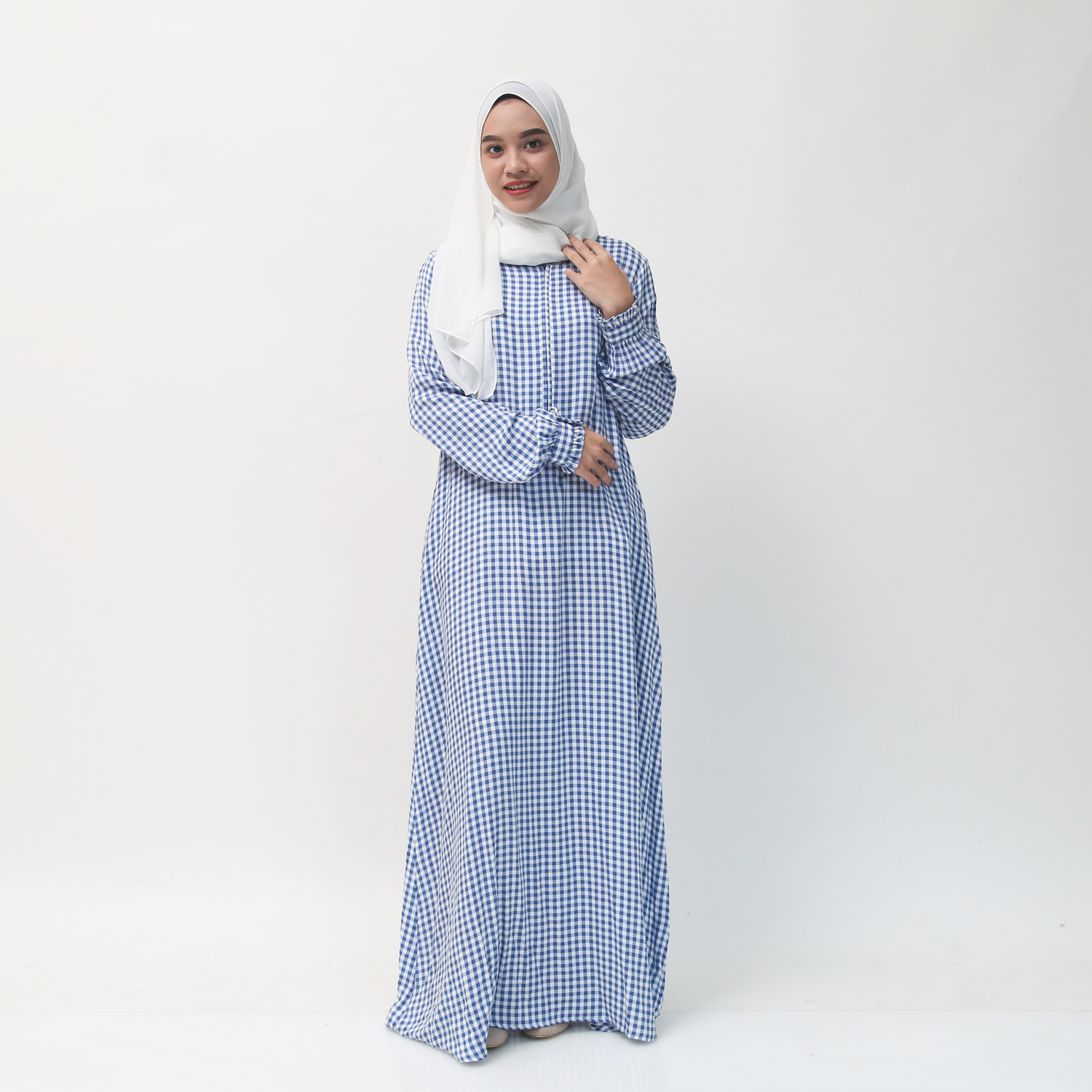 Gamis Manset Frills Rayon Gingham - Biru Denim