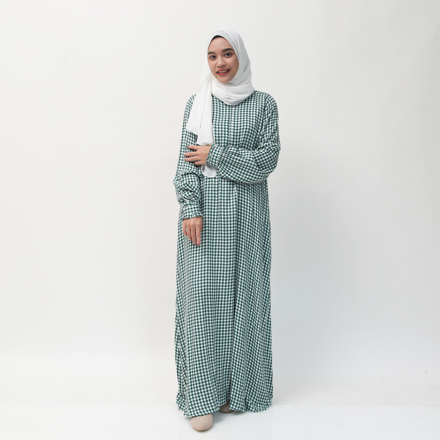 Gamis Manset Frills Rayon Gingham - Hijau