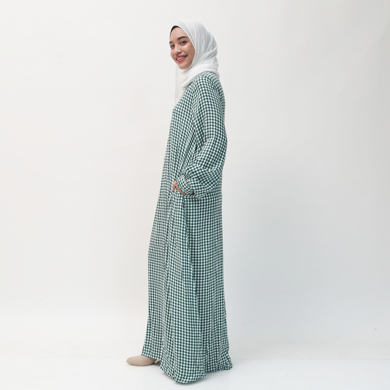 Gamis Manset Frills Rayon Gingham - Hijau