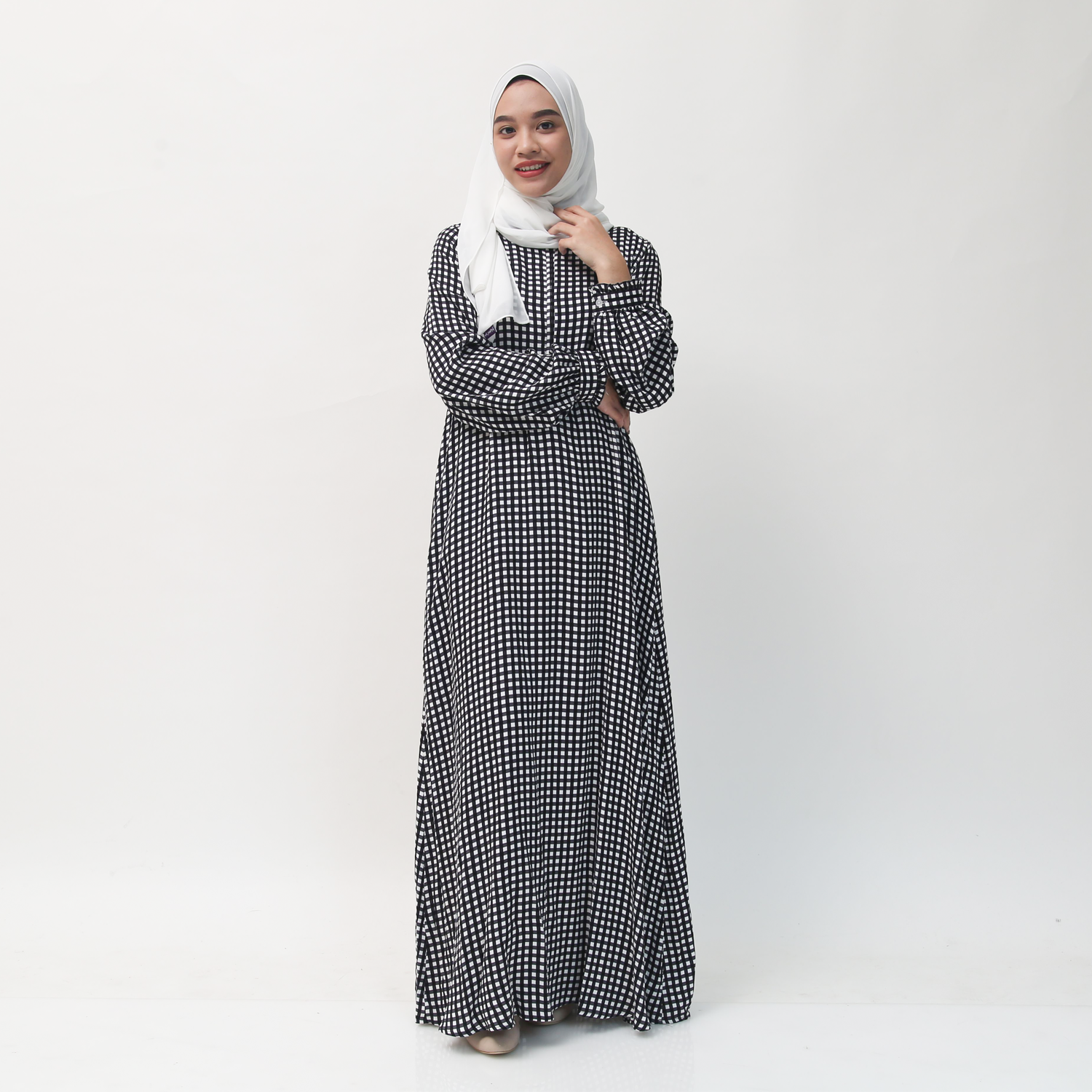 Gamis Manset Frills Rayon Gingham - Hitam