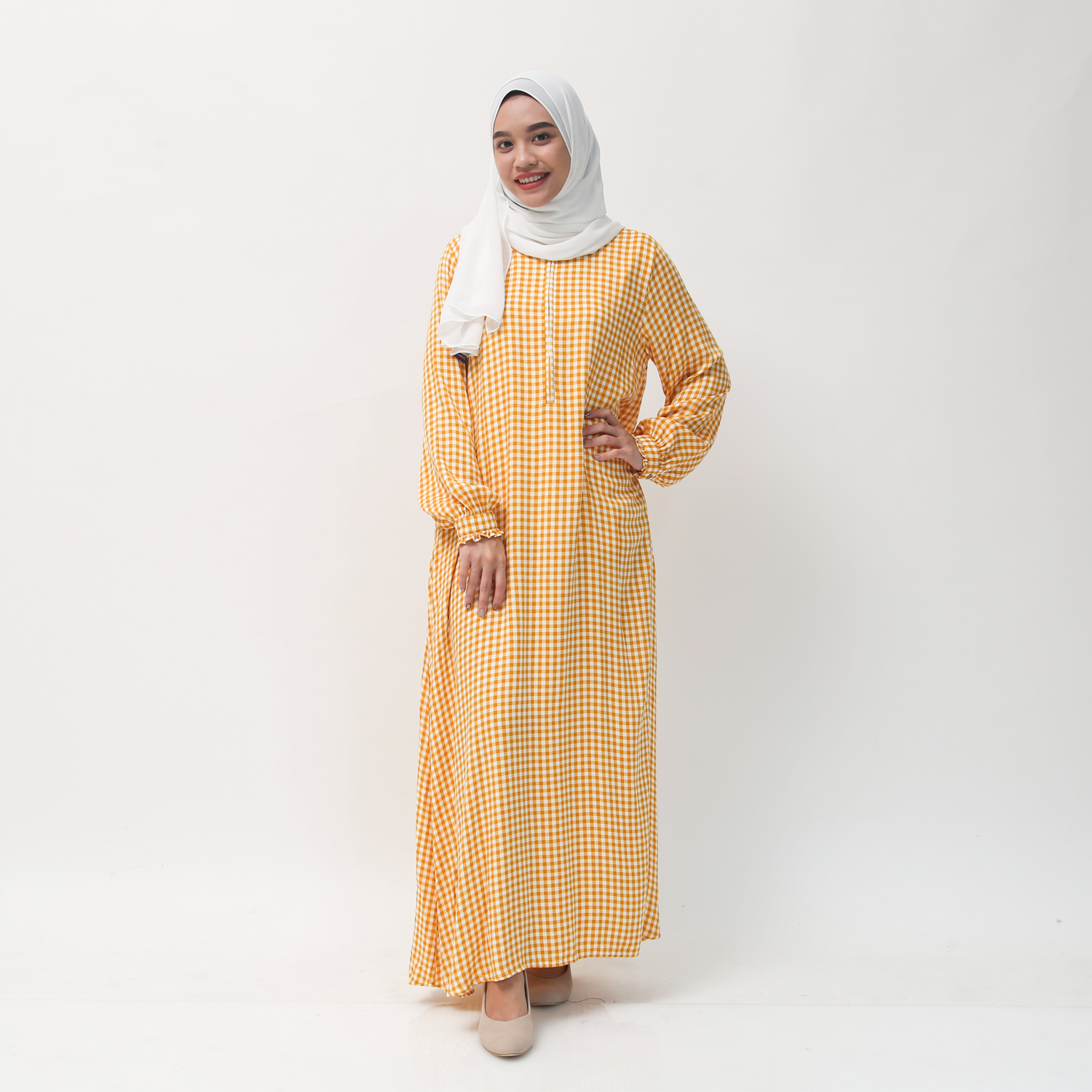 Gamis Manset Frills Rayon Gingham - Mustard