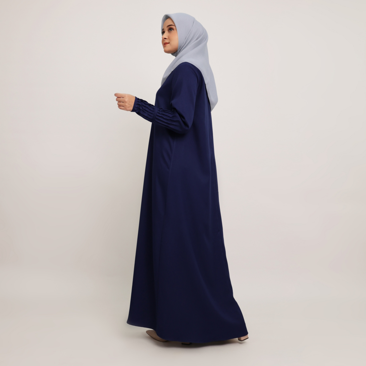 Elzatta Gamis Satin Lengan Pleats - Navy