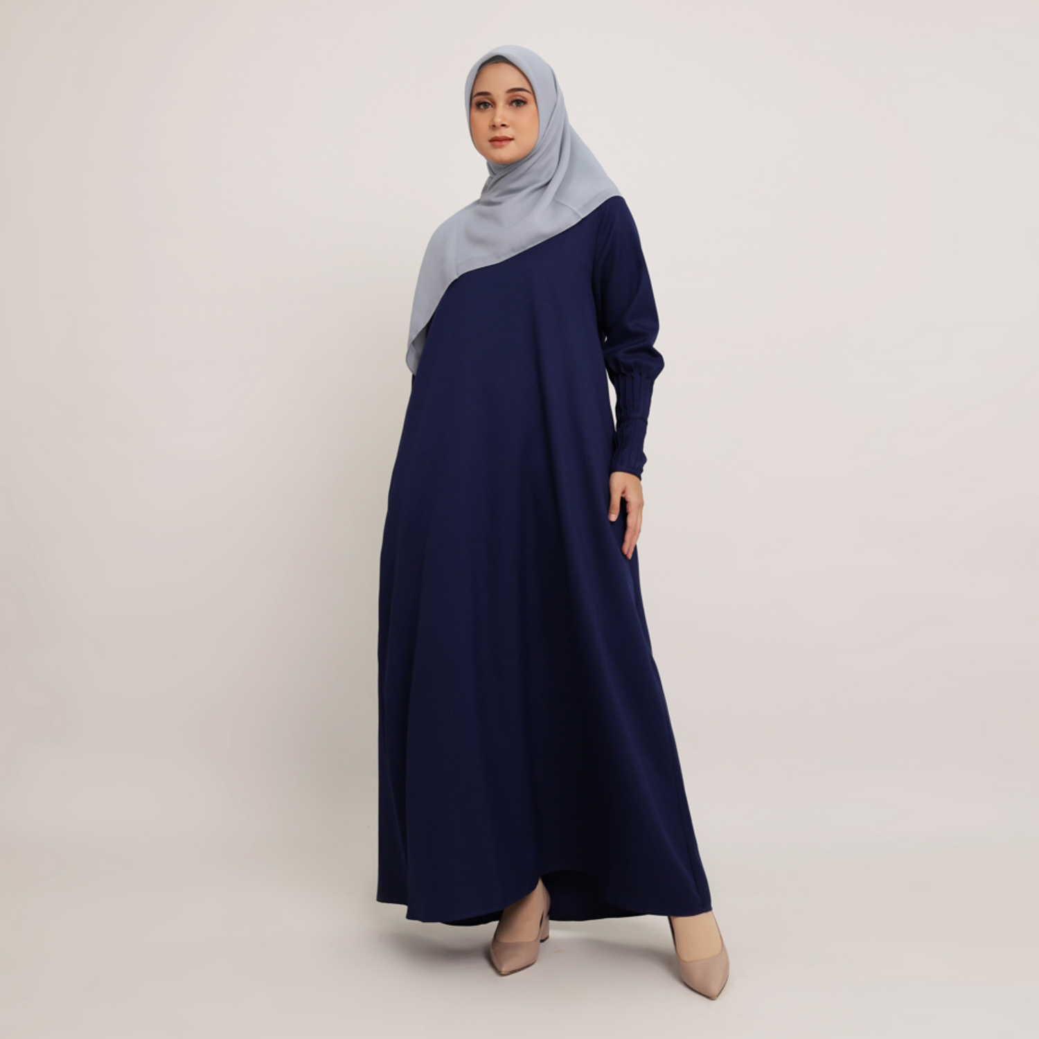 Elzatta Gamis Satin Lengan Pleats - Navy