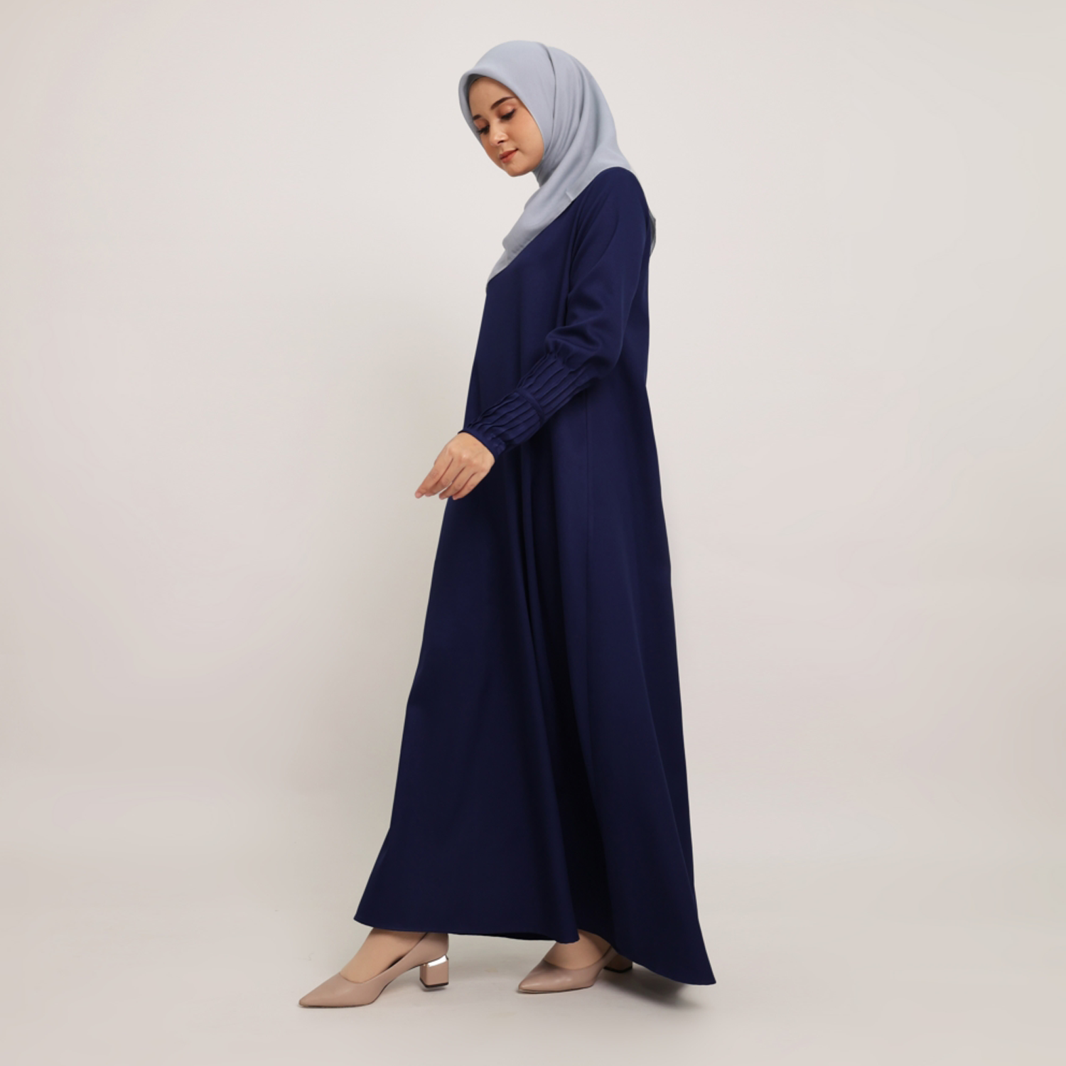 Elzatta Gamis Satin Lengan Pleats - Navy