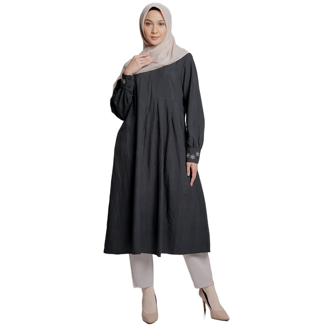 Elzatta Pleaty Midi Dress Series Airflow Tunik Kerah Corong Lipit