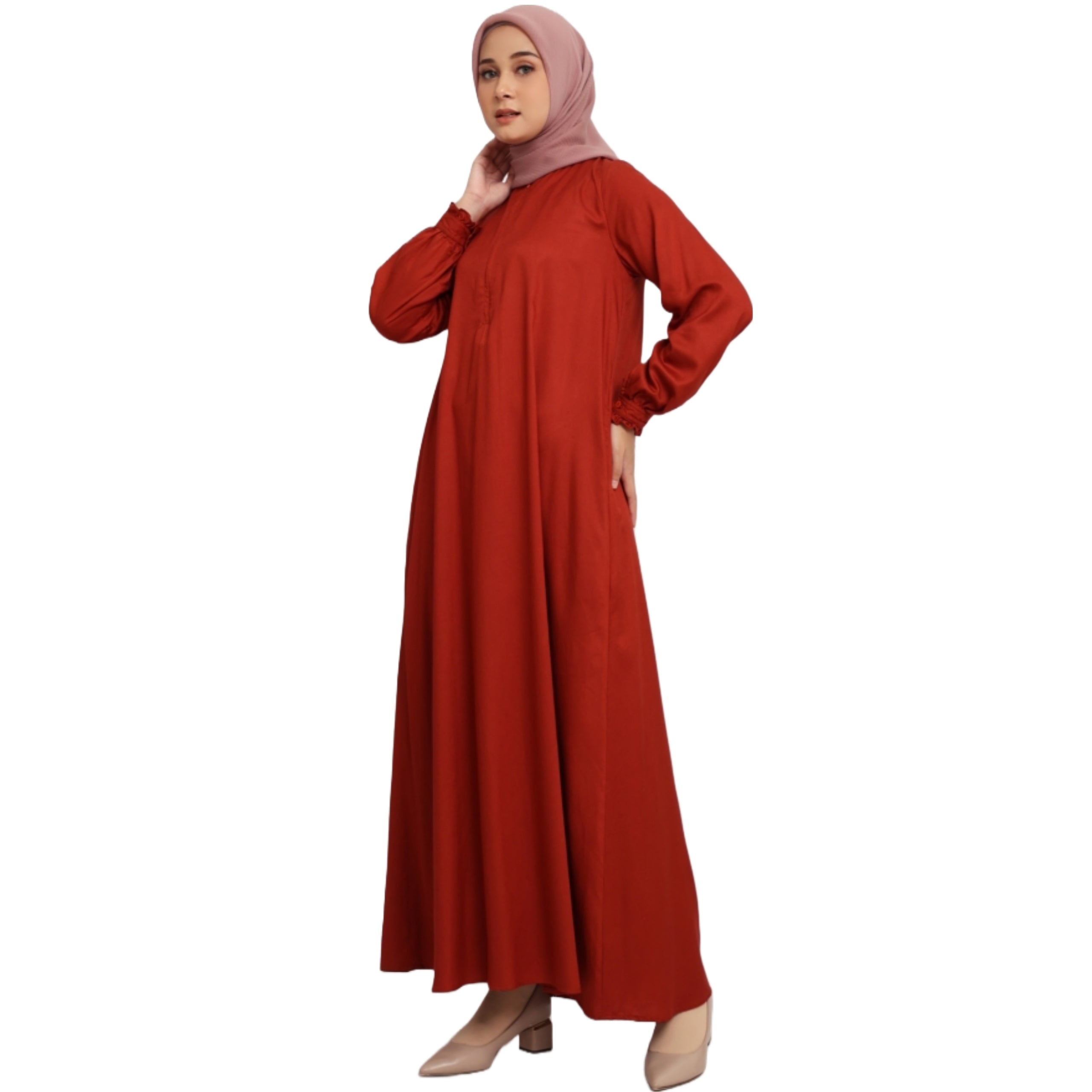 Gamis Manset Frills Rayon - Teracotta