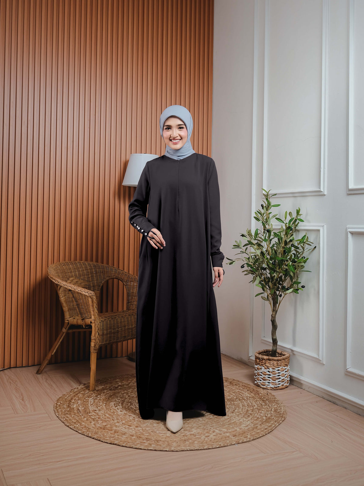 Elzatta Gamis Lengan Kancing A Hitam